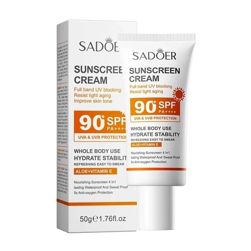 کرم ضد آفتاب بدون رنگ صورت و بدن سادور SPF 90 مدل آلوئه ورا و ویتامین E محافظ UVA، UVB و PA مناسب برای انواع پوست | رژینا کرم ضد آفتاب بدون رنگ صورت و بدن سادور SPF 90 مدل آلوئه ورا و ویتامین E محافظ UVA، UVB و PA مناسب برای انواع پوست